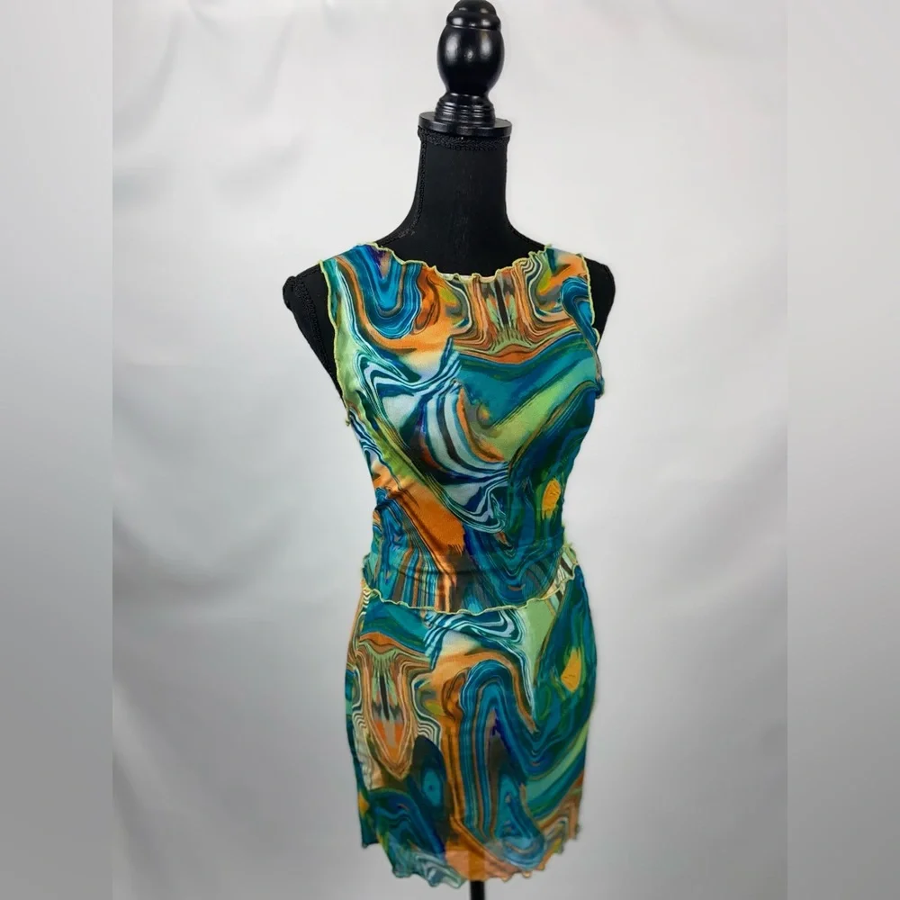 Matching Set Dress Multicolor Marble Print Mesh Dress Lettuce Trim SHEIN - Picture 11 of 11